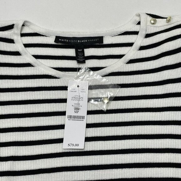 WHBM Sweater White House Black Market Women Size MP Stripe Ruffle Silver Button - Picture 6 of 12